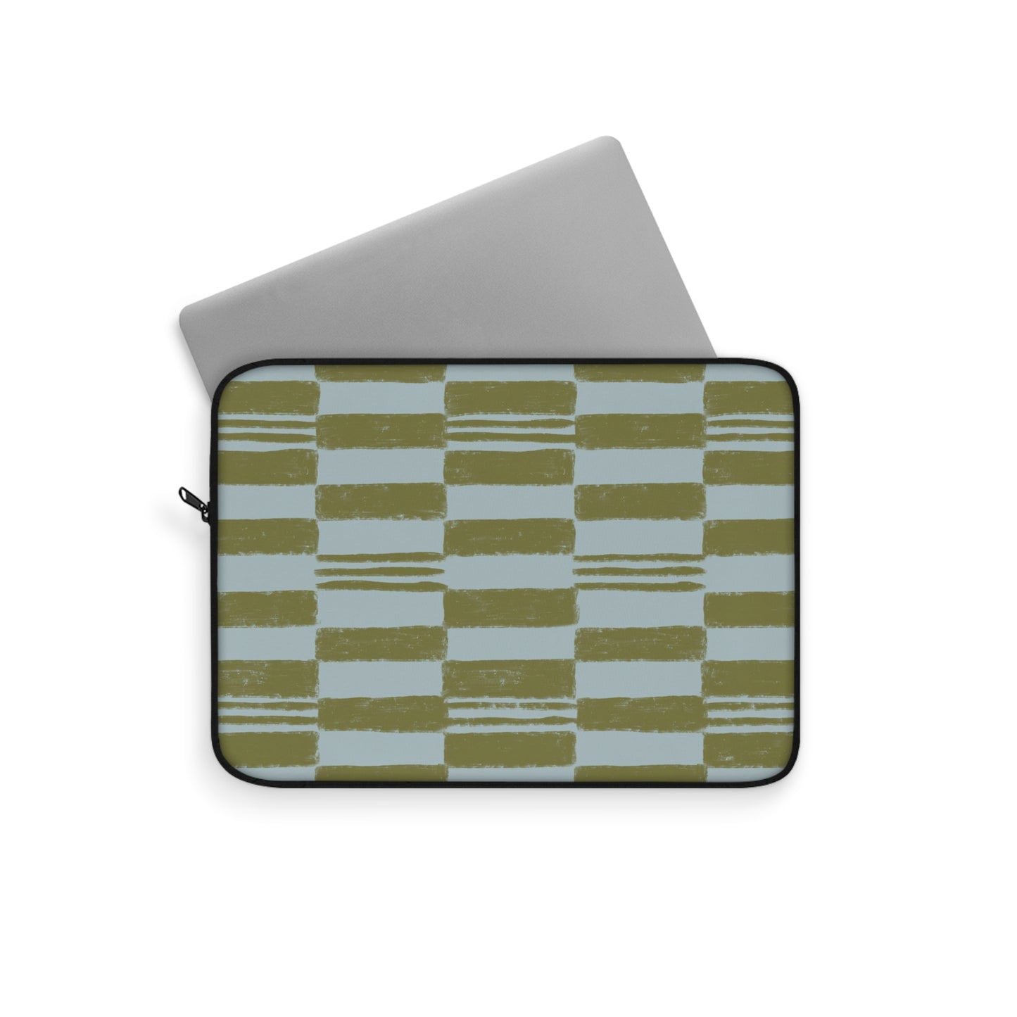 Olive Checkerboard Laptop Sleeve — Modern Brushstroke Grid Design