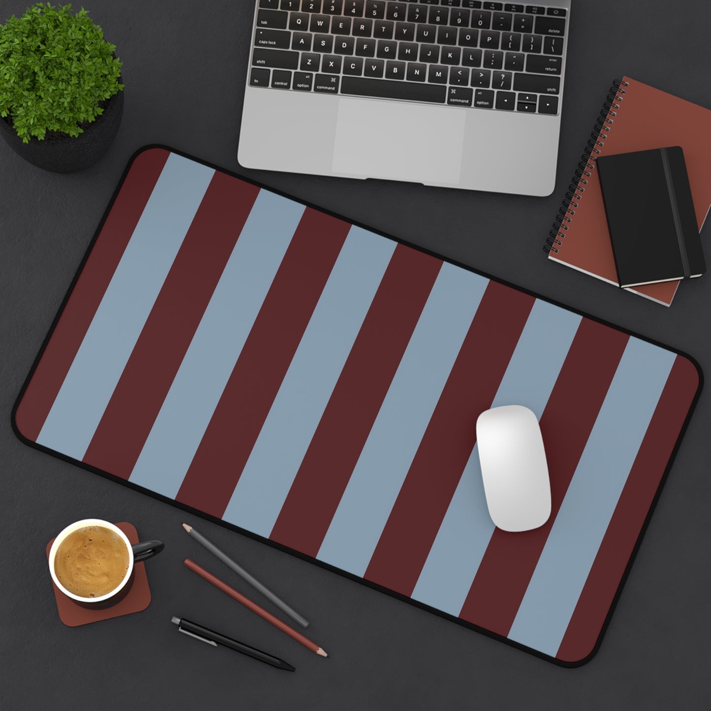 Striped Maroon & Slate Blue Desk Mat — Large Mousepad Surface for Office & Gaming