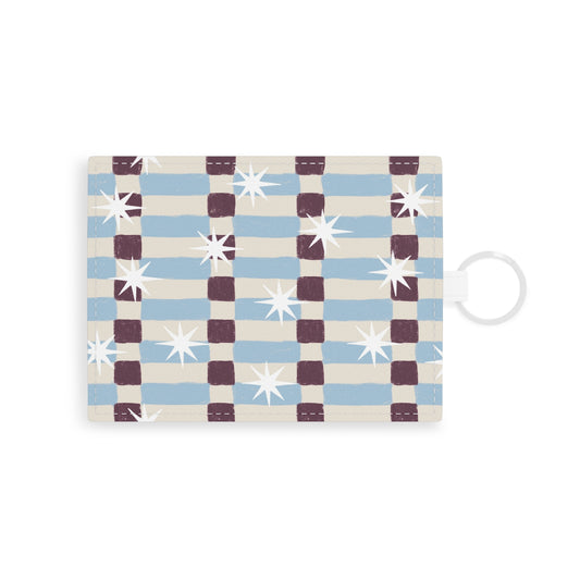 Retro Blue Plaid with Starburst Pattern Leather Card Holder