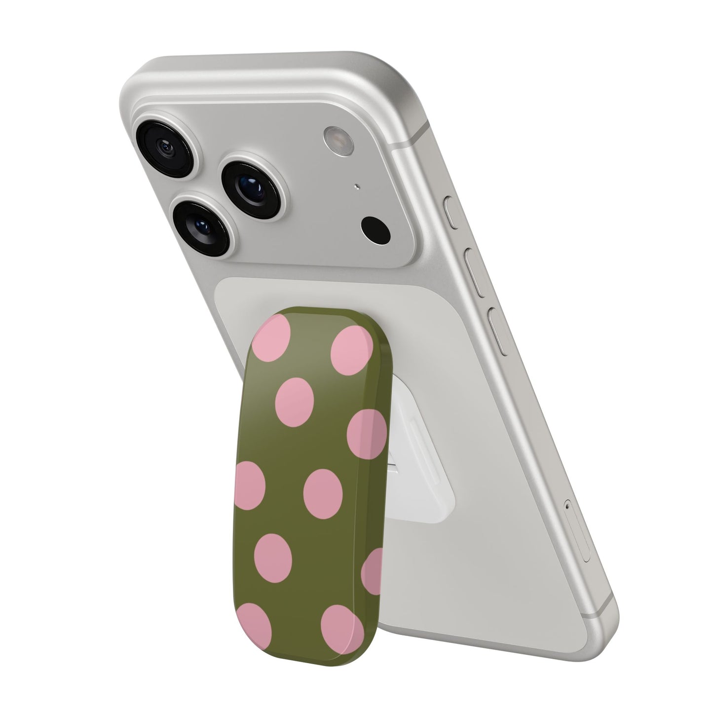Polka Dot Clickit Phone Stand — Olive Green with Pink Dots