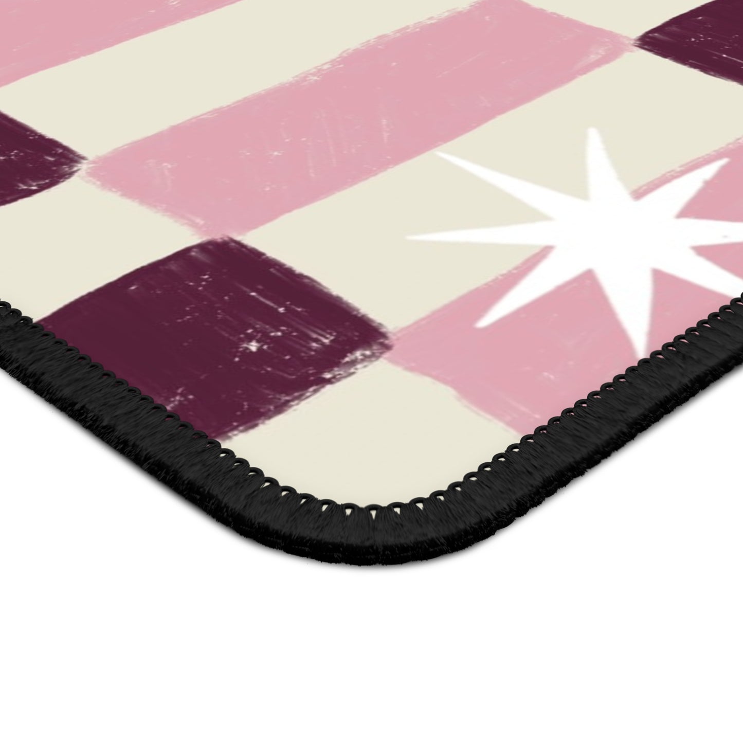 Pink Checkerboard Gaming Mouse Pad with White Starbursts — Retro Cute Desk Mat