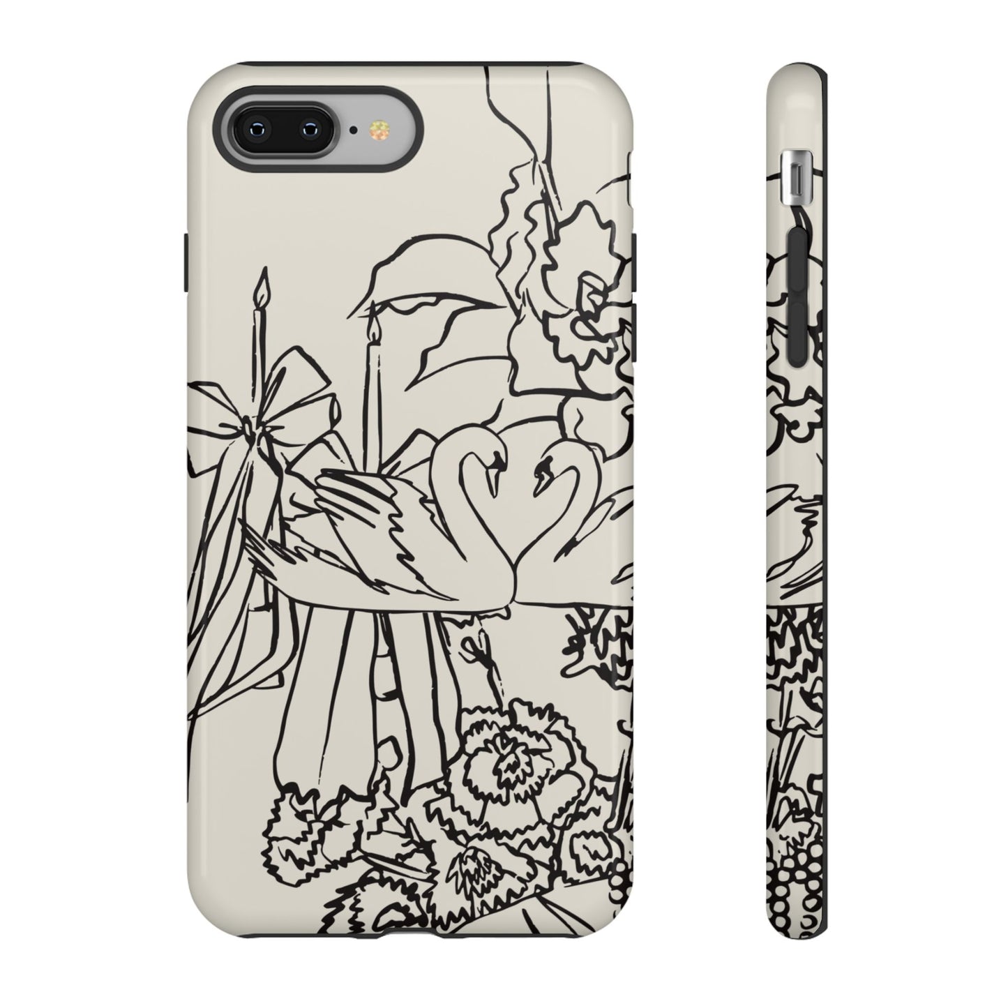 Black Line Art Floral Swan Phone Case