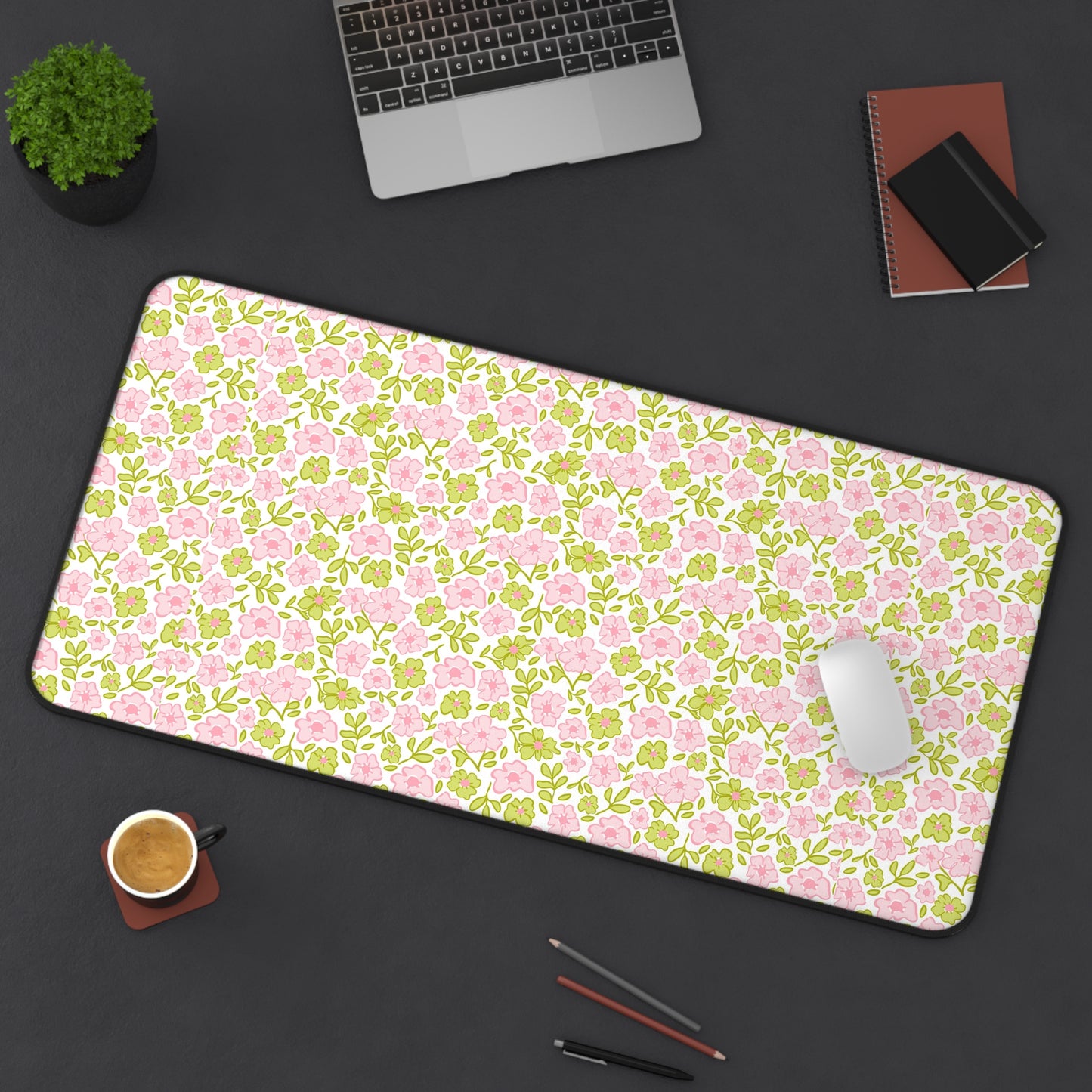 Floral Pastel Desk Mat — Pink & Sage Rose Pattern Mouse Pad