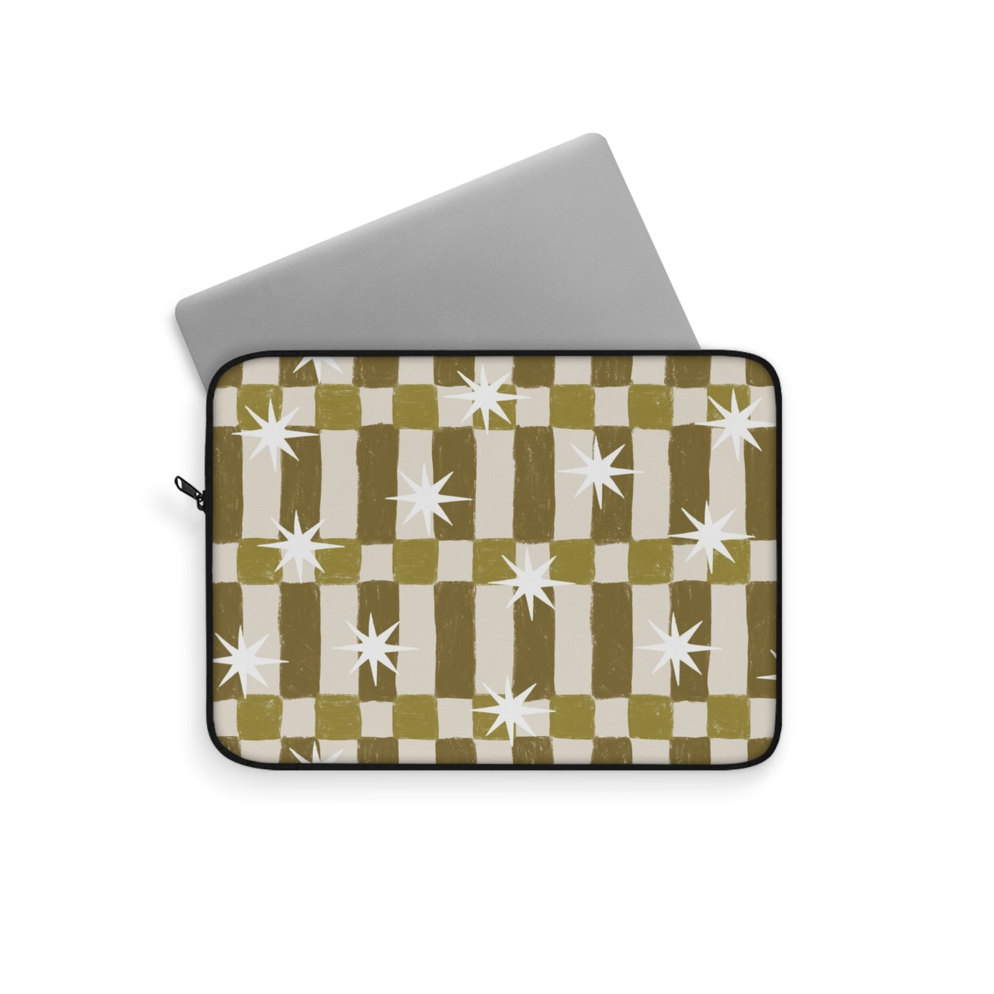 Retro Olive Check Laptop Sleeve with Starburst Pattern