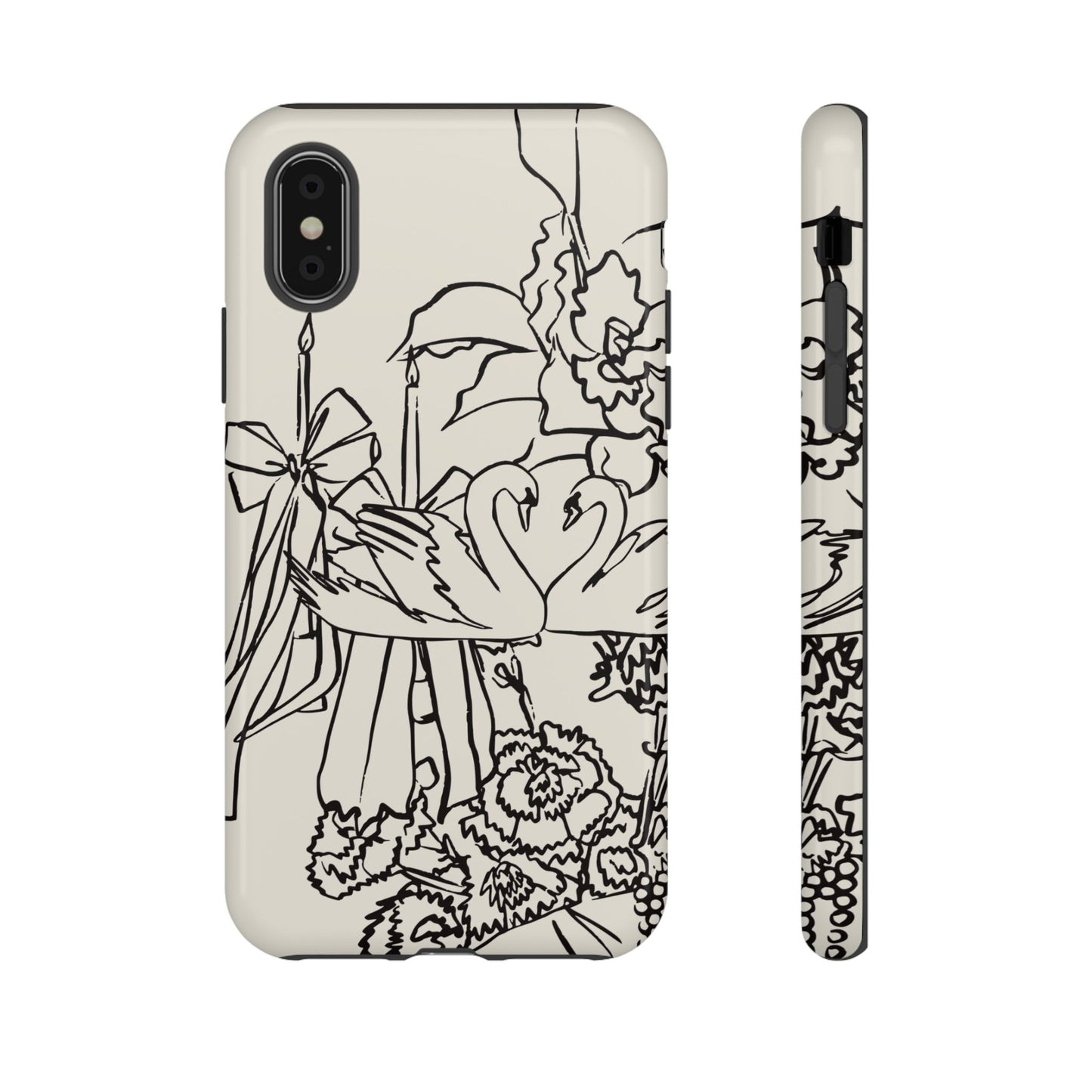 Black Line Art Floral Swan Phone Case