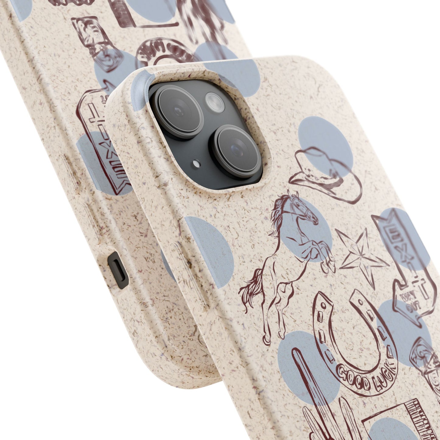 Biodegradable Phone Case — Western Cowgirl Sketches on Natural Speckled Eco Shell