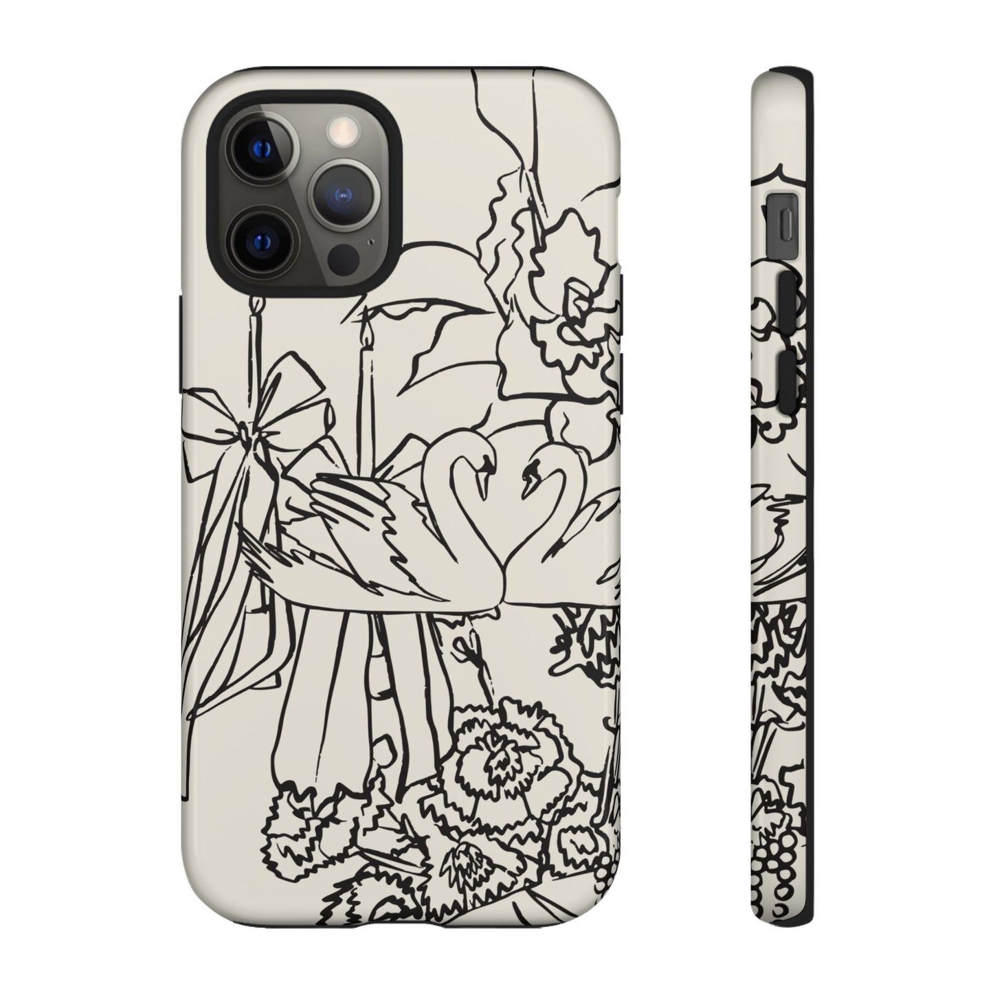 Black Line Art Floral Swan Phone Case