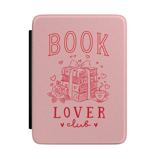 Book Lover Club Kindle Case — Pink Ebook Reader Cover with Stacked Books & Hearts