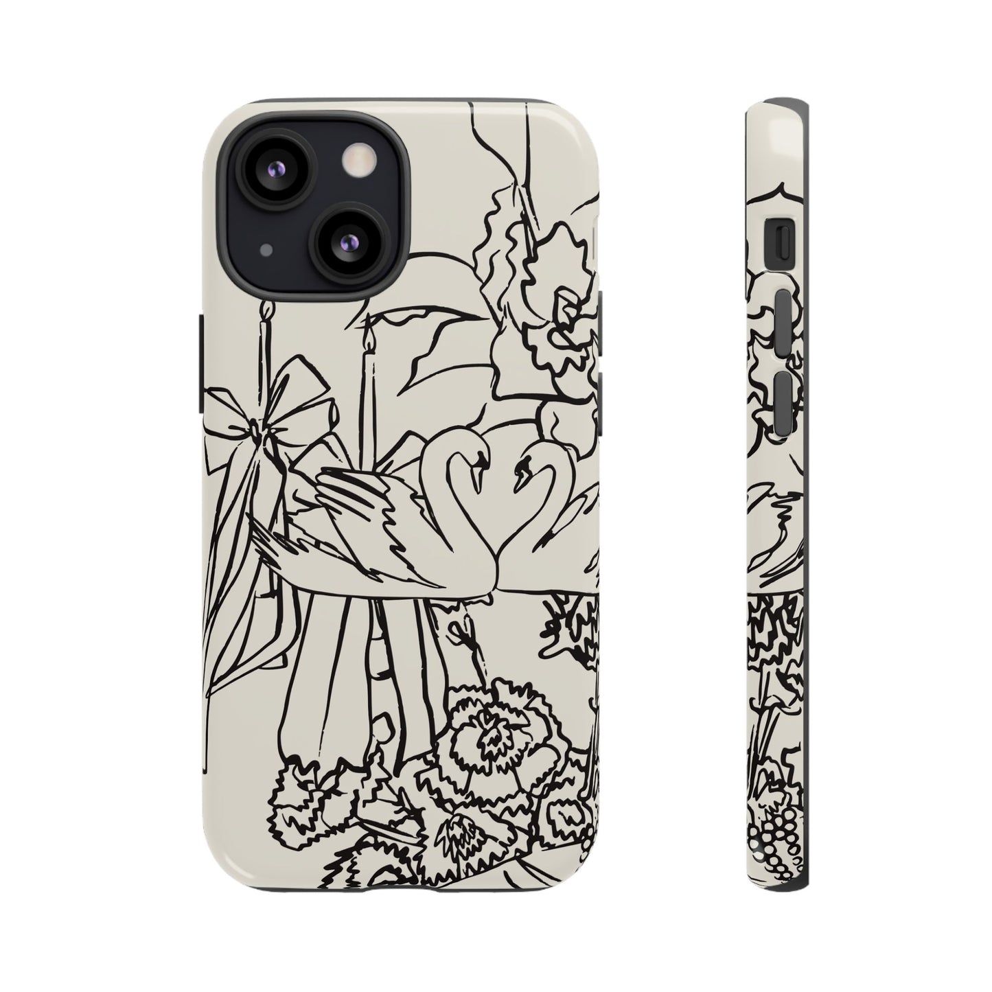 Black Line Art Floral Swan Phone Case