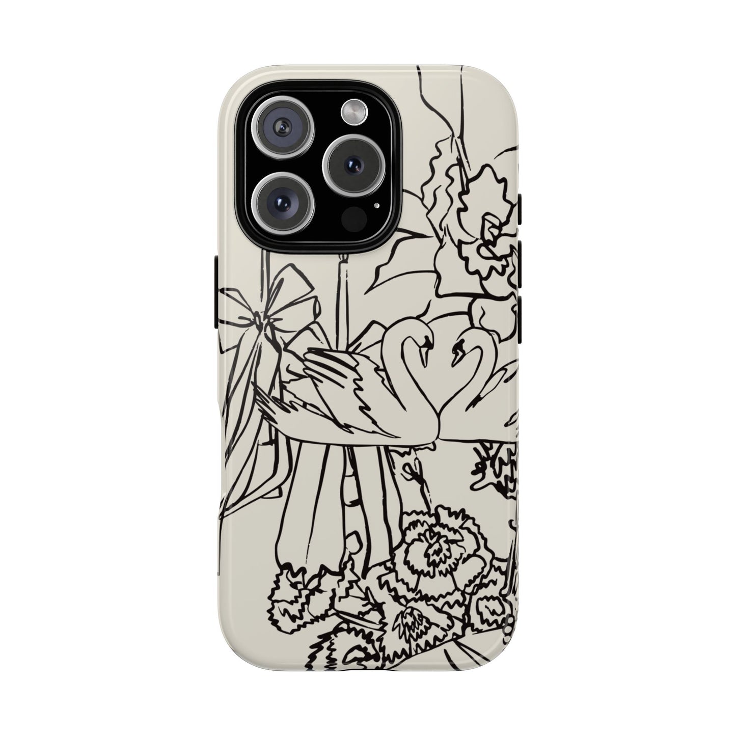 Black Line Art Floral Swan Phone Case