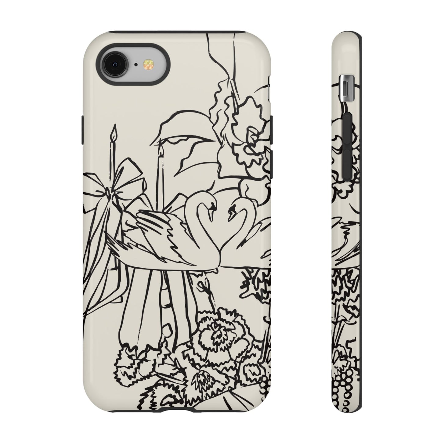Black Line Art Floral Swan Phone Case