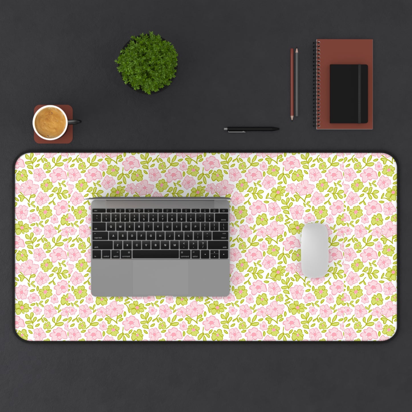 Floral Pastel Desk Mat — Pink & Sage Rose Pattern Mouse Pad