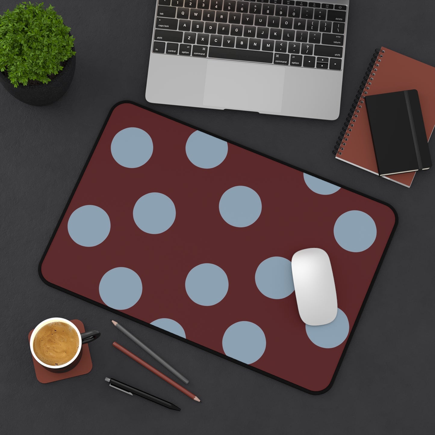 Polka Dot Burgundy Desk Mat — Large Mouse Pad with Blue Dots