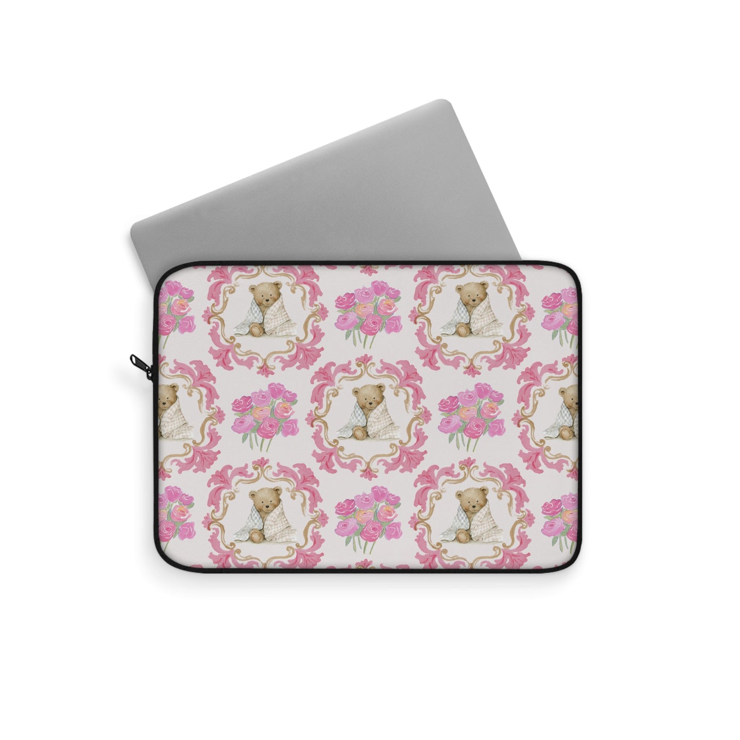 Laptop Sleeve — Vintage Floral Teddy Pattern, Pink Bouquet Protective Case