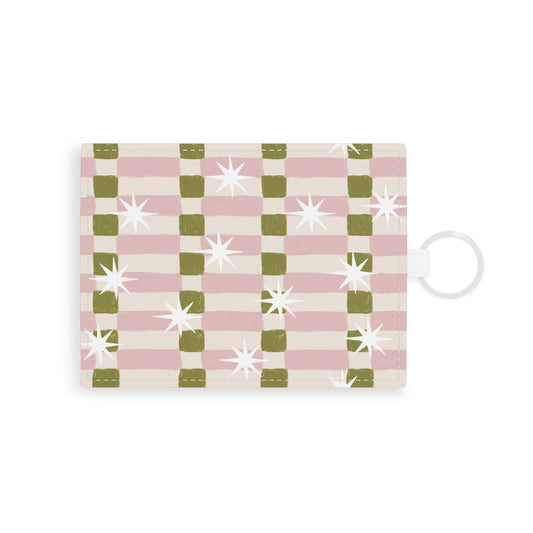 Pink Olive Check Pattern with Starbursts Leather Card Holder
