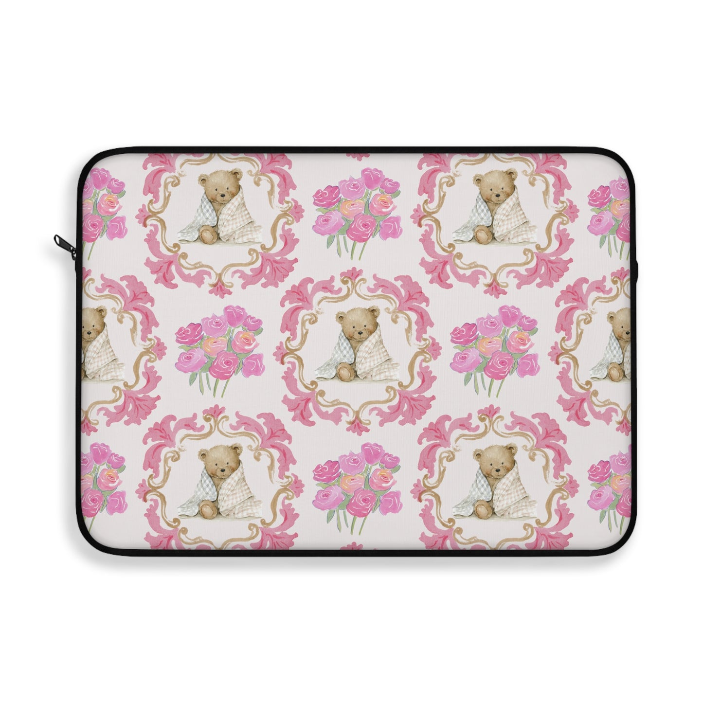 Laptop Sleeve — Vintage Floral Teddy Pattern, Pink Bouquet Protective Case