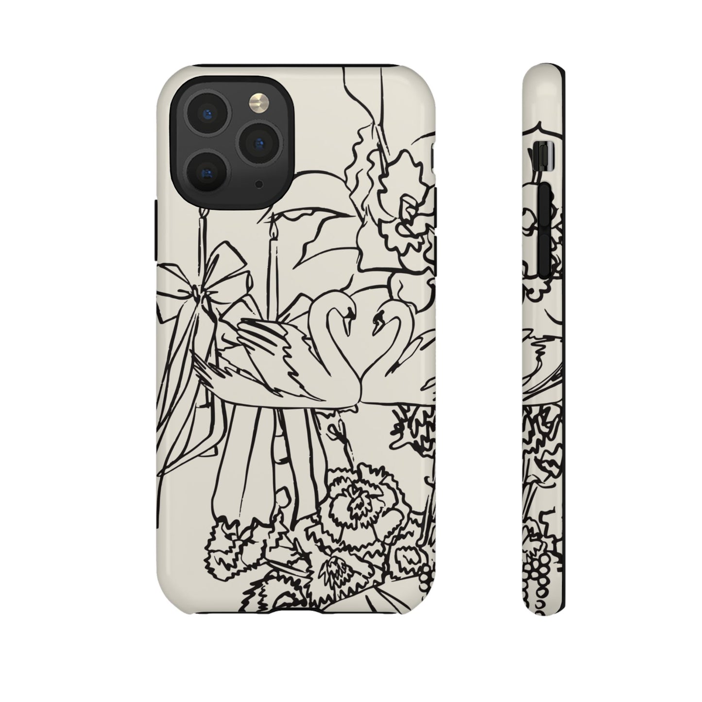 Black Line Art Floral Swan Phone Case