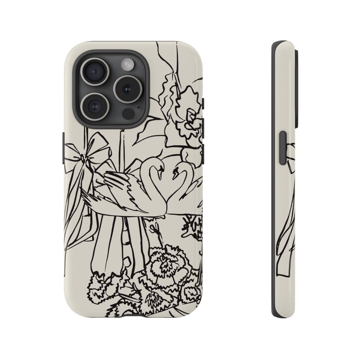 Black Line Art Floral Swan Phone Case