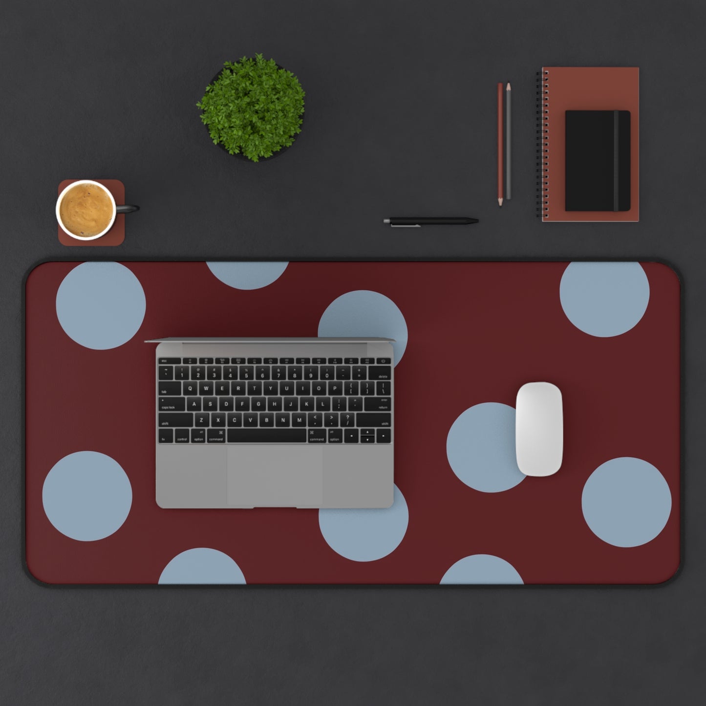 Polka Dot Burgundy Desk Mat — Large Mouse Pad with Blue Dots