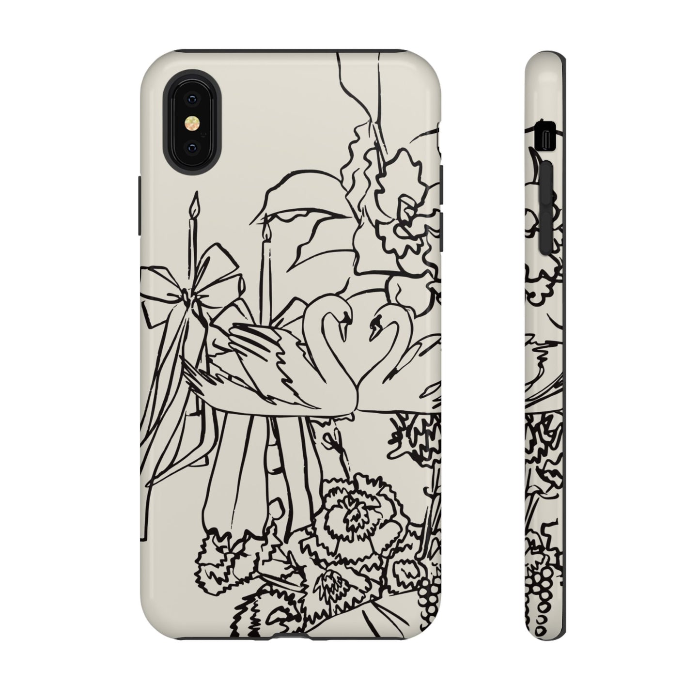 Black Line Art Floral Swan Phone Case