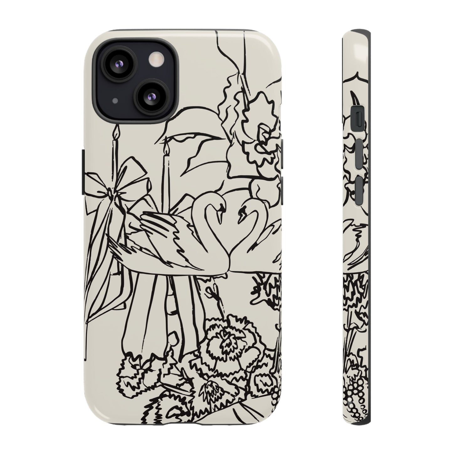 Black Line Art Floral Swan Phone Case