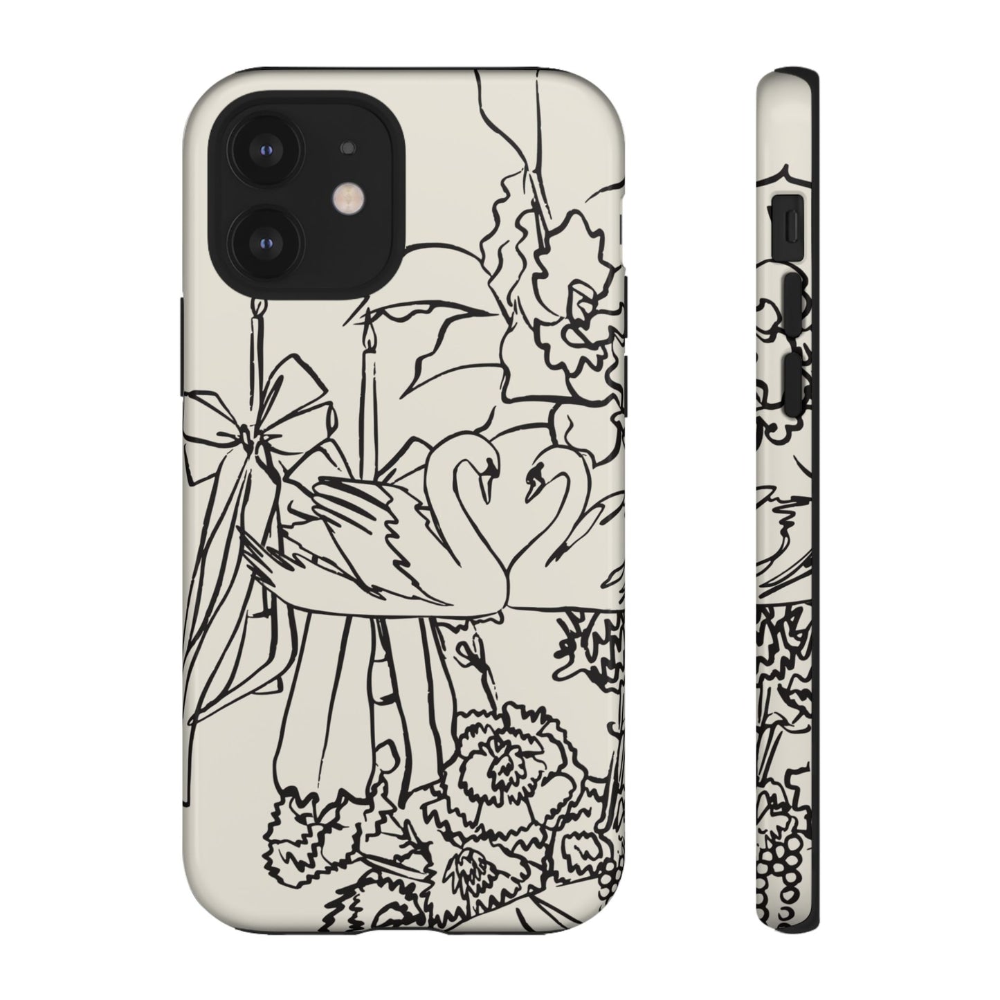 Black Line Art Floral Swan Phone Case