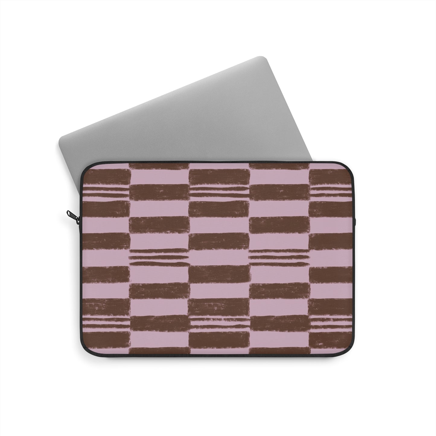 Pink Brown Checkerboard Laptop Sleeve — Retro Striped Grid Protective Case