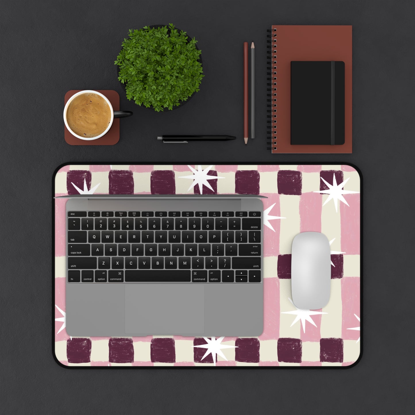 Pink Retro Check Desk Mat — Starburst Pattern