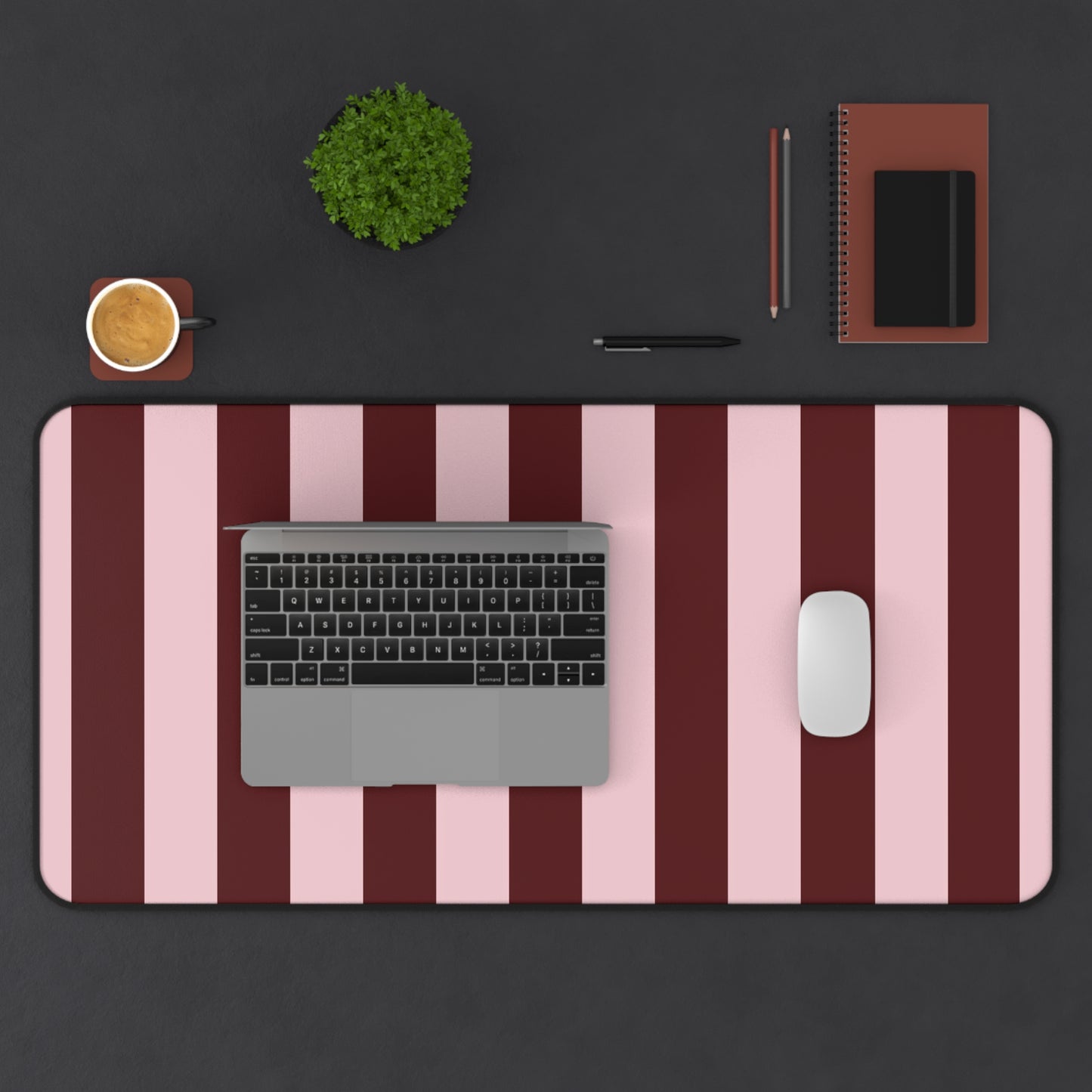 Striped Pink & Burgundy Desk Mat — Large Matte Mousepad for Office & Gaming