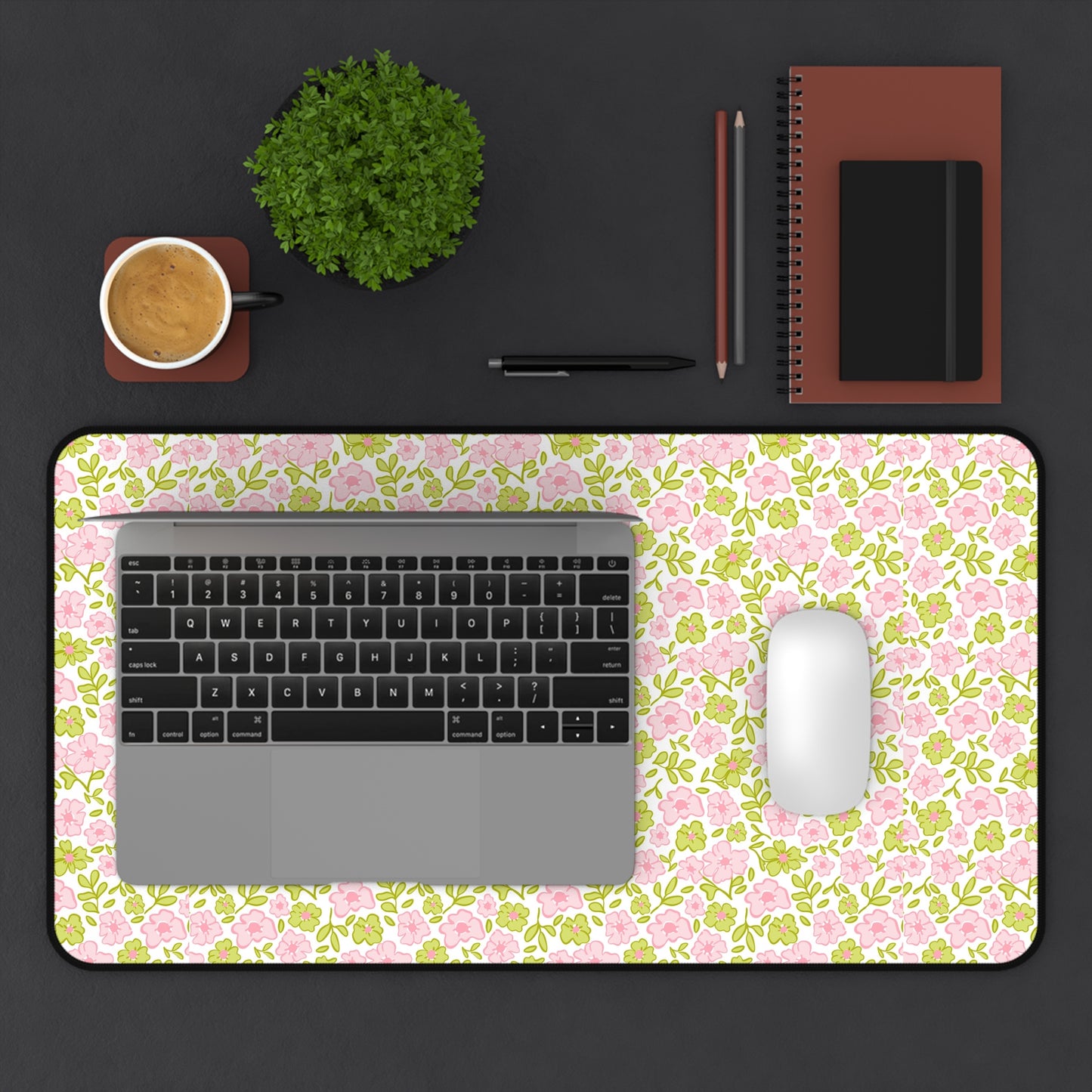 Floral Pastel Desk Mat — Pink & Sage Rose Pattern Mouse Pad