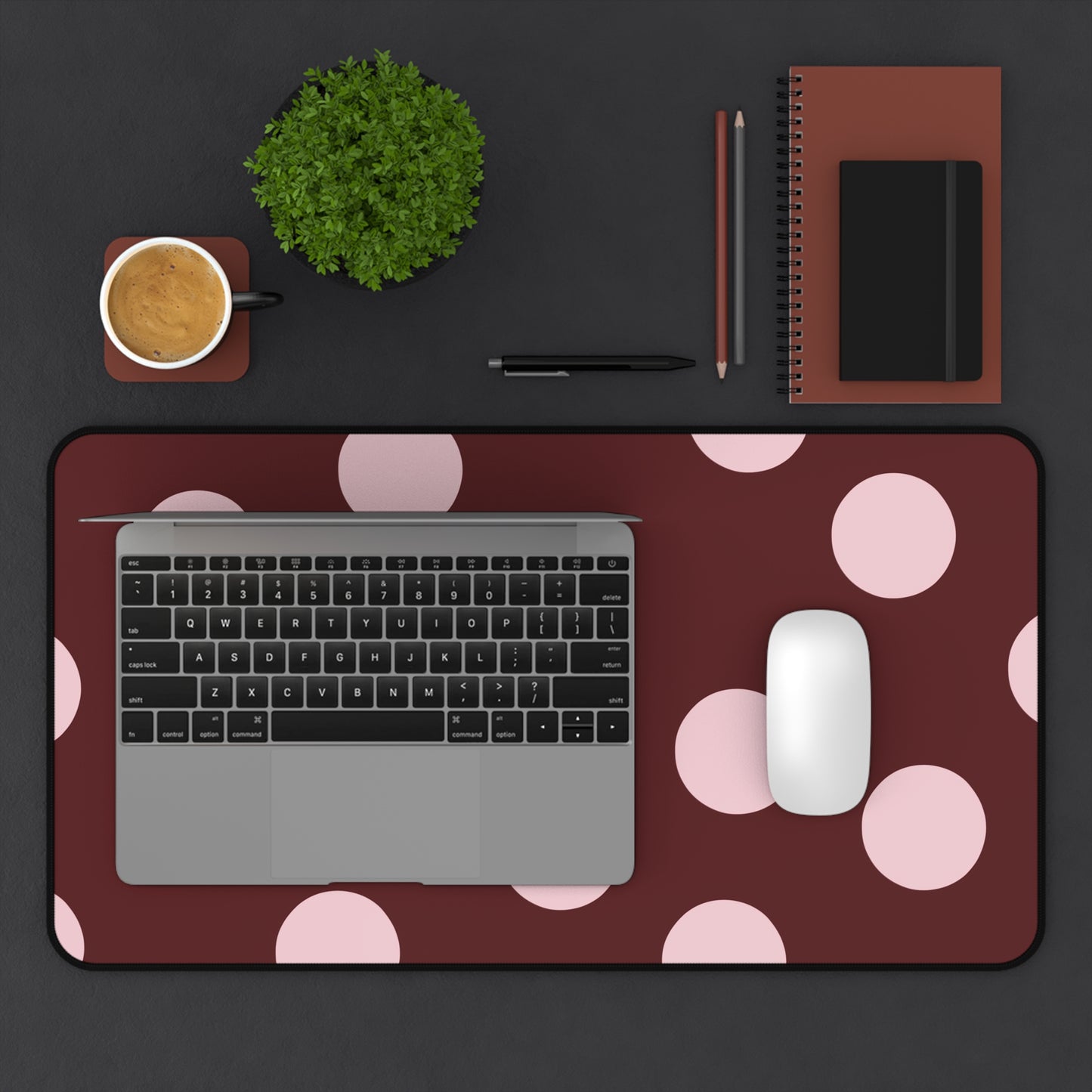 Polka Dot Desk Mat — Rose Pink Dots on Burgundy Mouse Pad