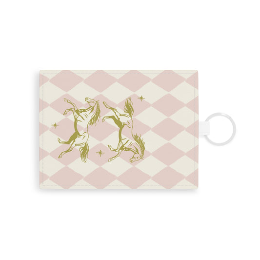 Horses & Stars Saffiano Leather Card Holder — Pink Argyle Card Wallet