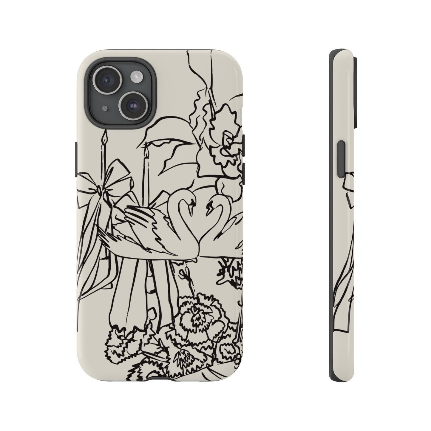 Black Line Art Floral Swan Phone Case