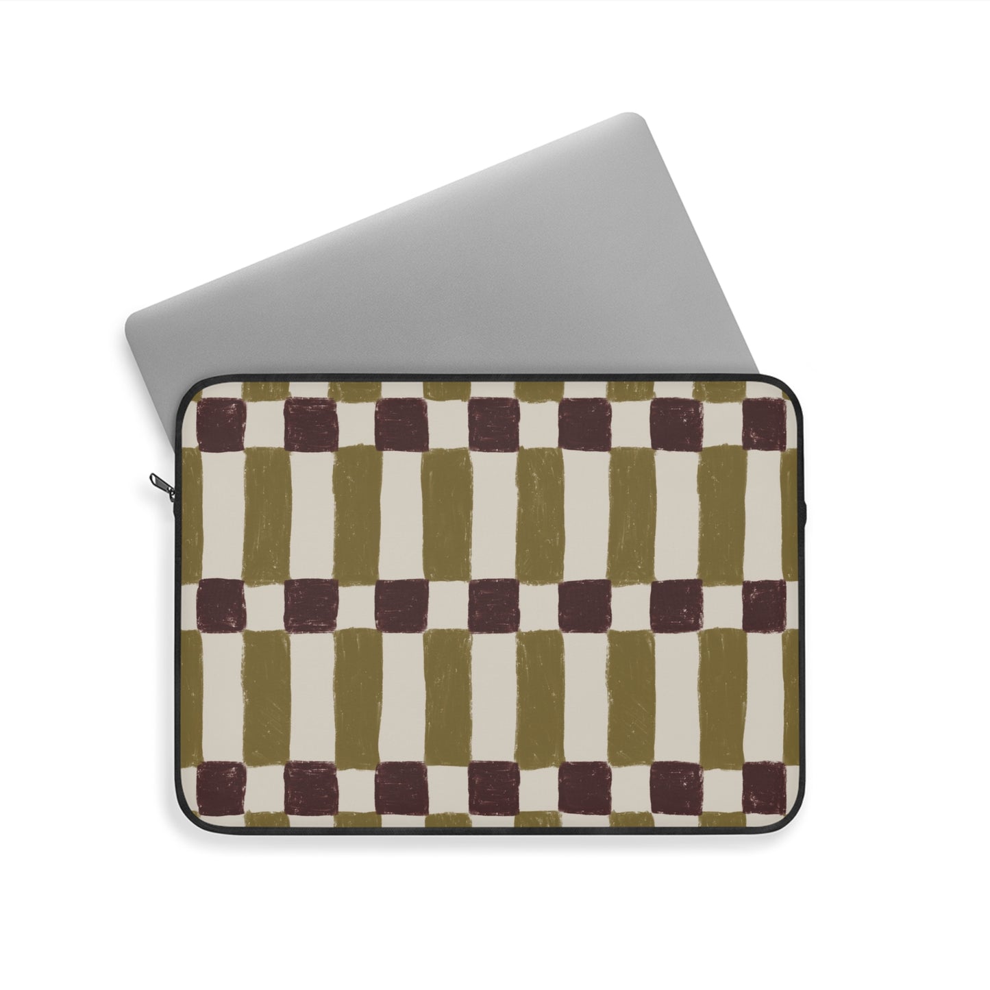 Checkerboard Olive Laptop Sleeve — Retro Hand-Painted Geometric Laptop Case