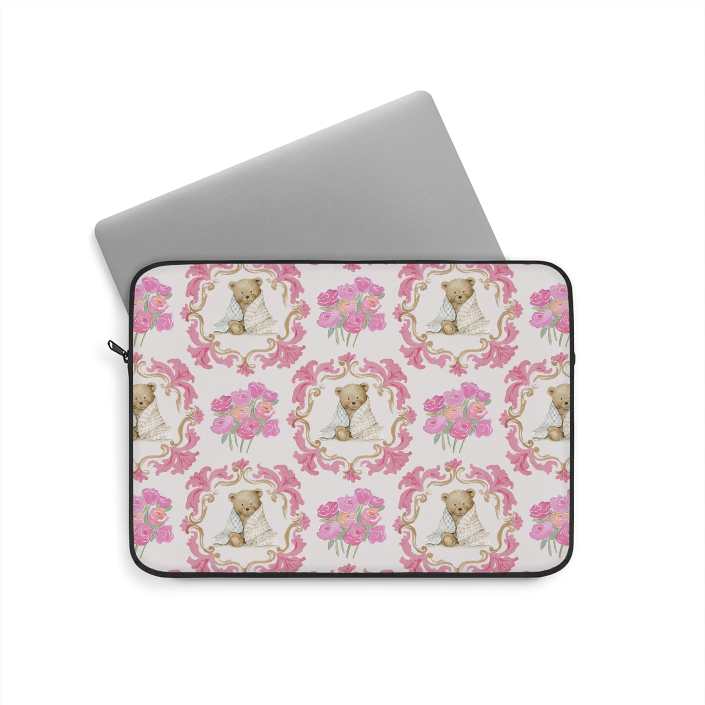 Laptop Sleeve — Vintage Floral Teddy Pattern, Pink Bouquet Protective Case