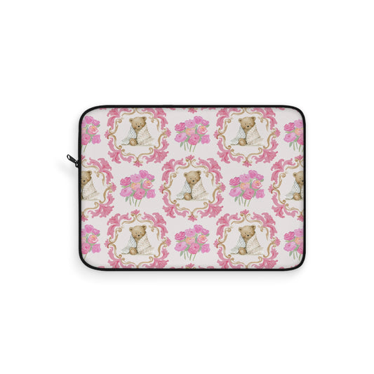 Laptop Sleeve — Vintage Floral Teddy Pattern, Pink Bouquet Protective Case