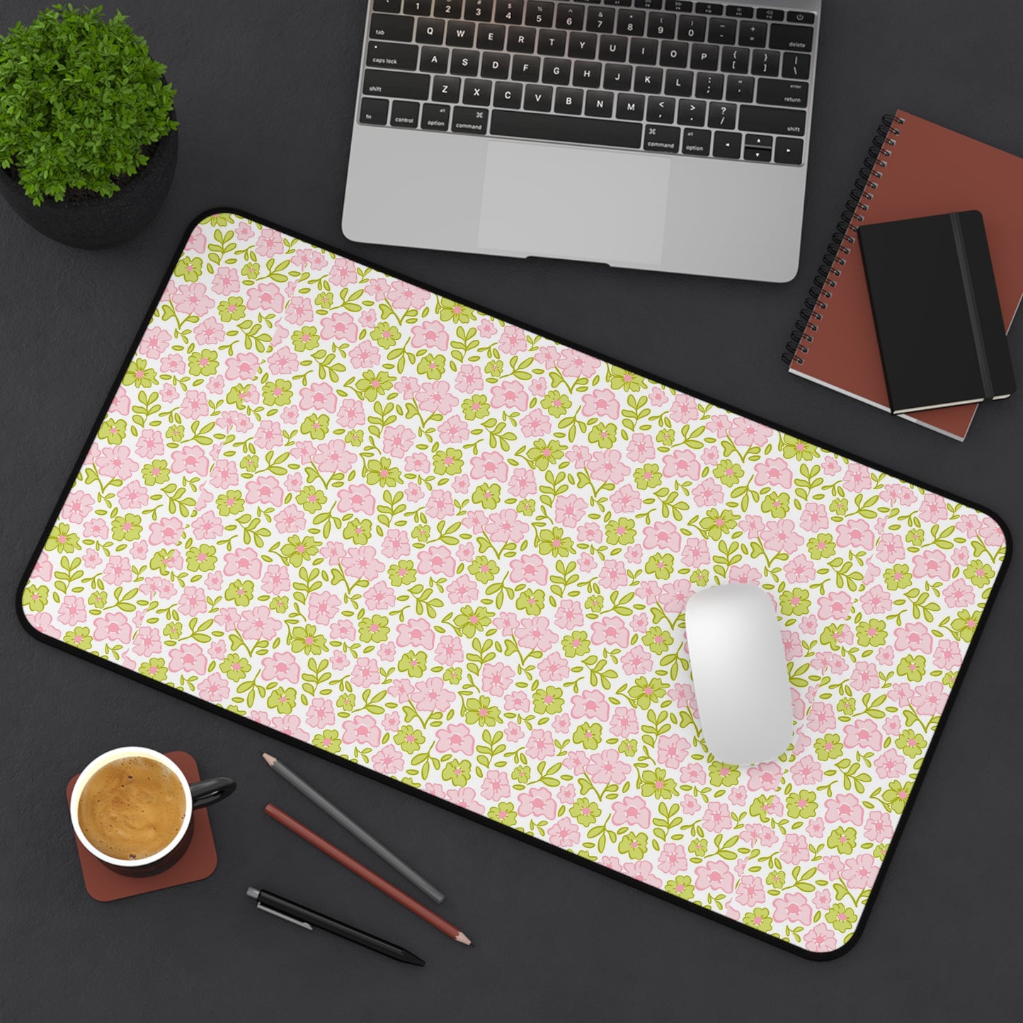 Floral Pastel Desk Mat — Pink & Sage Rose Pattern Mouse Pad